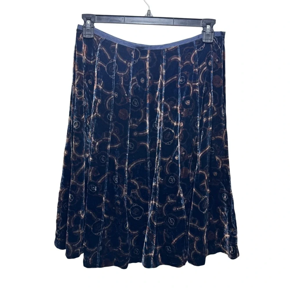 Anne Klein Silk Blend Y2K‎ 90s Grunge Velvet Pleated Flared Midi Skirt 10 Navy